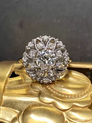 Vintage 18K .90ct Old European Mine Cut Diamond Openwork Round Cocktail Ring • $1890