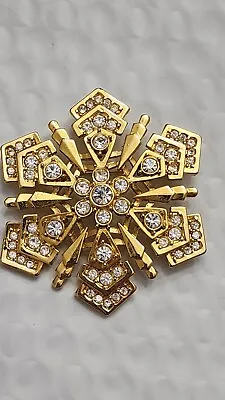 MONET Snowflake Rhinestone Brooch Pin Gold Tone Vintage Signed 2 3/4 Inches • $36