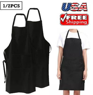 $7.54 • Buy Unisex Waterproof Chef Apron Black Catering Cooking Kitchen Butcher 2 Pocket USA