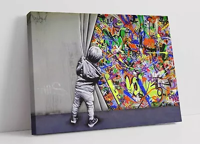 Banksy Whats Behind Curtain Boy  - Canvas/framed Wall Art Picture Print - • £39.99