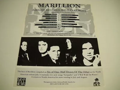 MARILLION 8 Mil Records Sold Europe/20 Shows North America 1992 Promo Poster Ad • $9.95