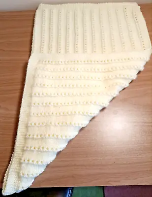 Hand Knitted In Acrylic Dk Banded Lacy Design Large Pale Cream Baby Blanket • £13.75