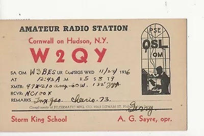 1936  W2QY  Storm King School   Cornwall On Hudson N.Y.     QSL Radio Card • $6