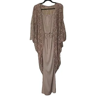 Vintage Womens Cocoon Style Maxi Dress Lace Overlay Kimono Beige 70s 80s Sz S • $99.12