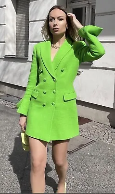 Bnwt Zara Neon Green Textured Double Breasted Blazer Dress Size Xs • £50