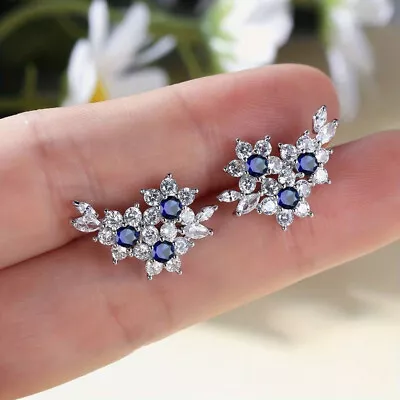 2.00Ct Lab-Created Sapphire 14K White Gold Plated Round Cut Flower Stud Earrings • $118.99