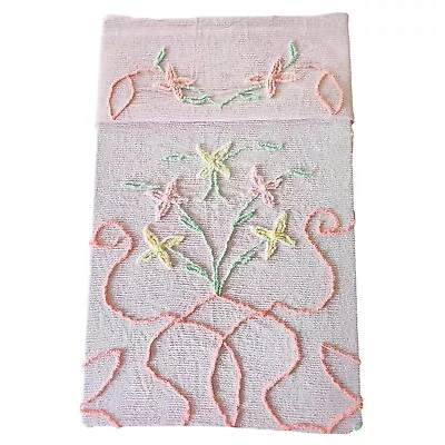 Vintage Full Double Bedspread Chenille Cotton Floral Textured Pink Yellow Green • $50