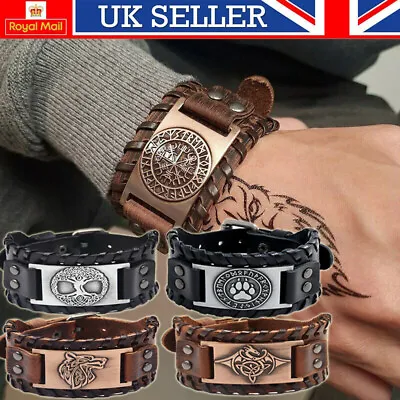 £5.99 • Buy Mens Viking Wide Leather Vegvisir/Mjolnir/Dragon/Wolf Rune Bracelet Wristband
