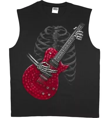 Mens Sleeveless T-shirt Muscle Tee Skeleton Guitar T-shirt Tank Top • $17.95