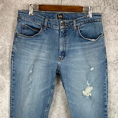 Lee Mens Distressed Regular Fit Straight Jeans Size 36 X 30 Stretch Light Wash • $14.27