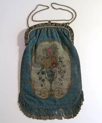 Antique French Fringed Petit Point Steel Bead And Marcasite Purse • $240