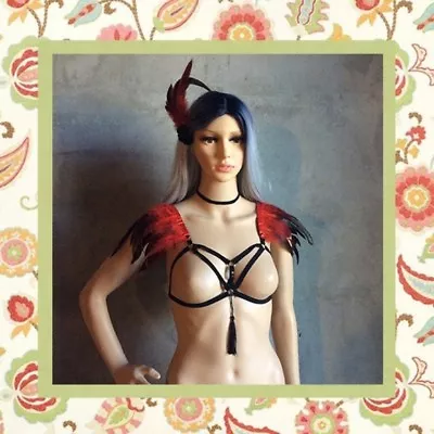 New 3pc: Fire Red Feather Bra Necklace & Clipin Festival Gogo Edc Rave Costume  • $45