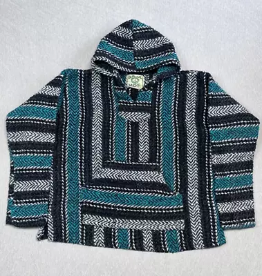 Baja Joe Mexican Poncho Drug Rug Skater Surfer Hoodie Black Blue Stripes Size L • $16