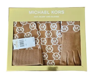 SET MICHAEL KORS 3-Piece Gold Box Scarf  Hat Gloves MK LOGO Gold Dark Camel $98 • $48.78