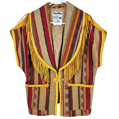 Vtg Pioneer Wear Fringe Jacket Wool Blanket Vest Southwestern USA Cowboy Small • $139.99