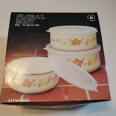 NOS VTG Himark Enamel On Steel Nesting Bowls Floral Mist Mix & Store W/Lids • $26.80