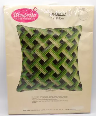 Vintage WonderArt Bargello Needlepoint Pillow Kit Basket Weave 12  Green Black • $29.99