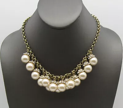 $24 • Buy J Crew 12mm Faux Pearl Rhinestone Dangle Necklace Rolo Link Chain Gold Tone New
