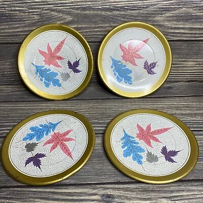 Vintage Metal Tea Set Plates Gold Trim Pastel Autumn Leaves 5” Set Of 4 • $12.50