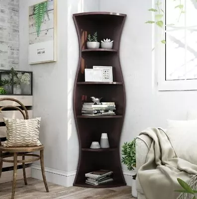 Curvy Corner Book Case Storage Shelf Rack Display Shelves 5 Tier Wood Tall Stand • $209.08