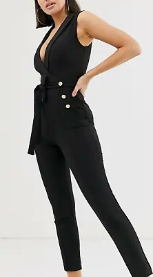 New Black Tux Tuxedo Button Tie Waist Jumpsuit UK 14 Sexy Party Club Occasion • £36.99