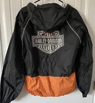 Harley Davidson Jacket Mens Medium Orange Black Vintage Windbreaker Hooded Biker • $29.90