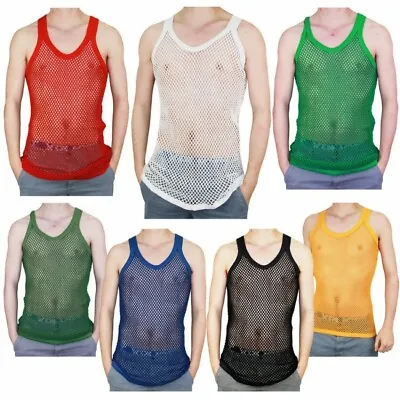 Mens 100% Cotton Mesh Fishnet Fitted Gym Summer String Vest White Black Rasta • £5.99