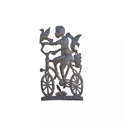 Handcrafted Haitian Metal Art Boy Riding A Bike With Grapes Unique Home Decor • $39