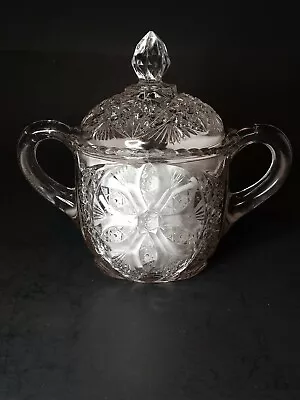 Vintage Cut Glass Sugar Bowl W/ Cover 2 Handles Sunflower Design Unique • $9.72