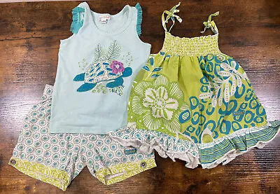 Naartjie Girls Teal Cotton Tunic Turtle Tank Shirt Top Shorts 3Pc Set Size 4 • $18.69