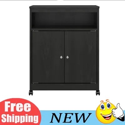 Microwave Stand Cart Rolling Kitchen Islands Storage Cabinet W/ 2 Door Black Oak • $78