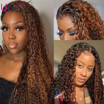 Mongolian Ombre Highlight Balayage Brown Curly 13x4 Lace Front Human Hair Wig US • $105.18
