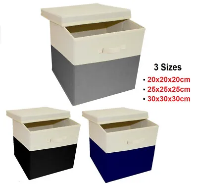 Foldable Orginiser Storage Boxes With Lid Fabric Storage Cube Grey Blue Black • £28.49