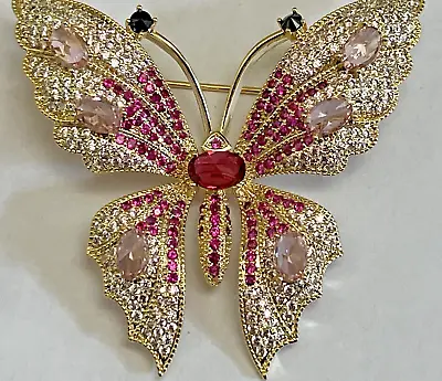 Pink Butterfly Insect Bug Crystal Glass Rhinestone Brooch Pin Vintage Gold Tone • $21.59