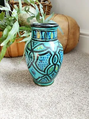 £29.99 • Buy SAFI MOROCCAN POTTERY BLUE YELLOW AND RED PATTERNED VASE 22cm Tall Vintage 