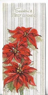 Used Vtg Christmas CARD-apx 3x6 Gold Striped Card W/Poinsettias Best Wishes • $1