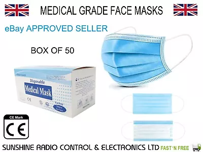 Type 1R Medical 3-Ply Face Mask Medical Grade EN14683 CE Approved Masks 50 Pack • £6.23