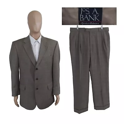 Jos A Bank 2 Piece Prince Of Wales Three Button Beige Wool Suit 42R Pants 36X28 • $80.99