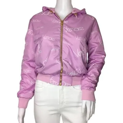 Gianni Versace Women’s Bomber Jacket Hooded Monogram Letters Sz 36 Pink DM1 • $950