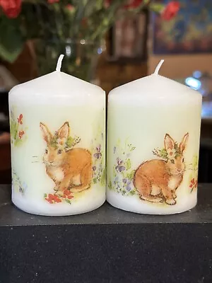 £10.25 • Buy SWEET LITTLE BUNNIES Design HAND DECORATED PILLAR CANDLES SET OF 2 8x6cm