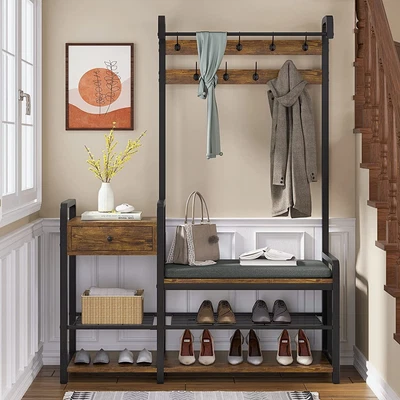 $144 • Buy Entryway Bench Brown Coat Rack Shoe Bench Shoe Storage Soft Cushion Hanging Rod