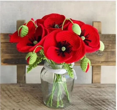 £3.99 • Buy Crochet Pattern Poppy Flower Open & Closed Bud With Leaf For Bouquet Many Photos