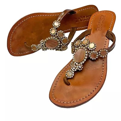 MYSTIQUE Lagos MOP Rhinestone Thong Wedge Slide Sandals Womens Size 8 • $54.99