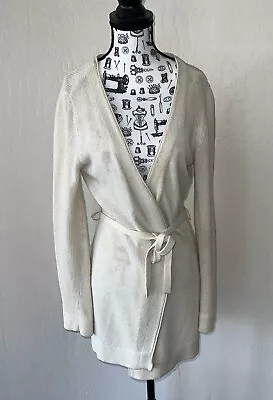 Moda International Wrap Cardigan S Ivory Long Linen Cotton Blend Belt • $14.99