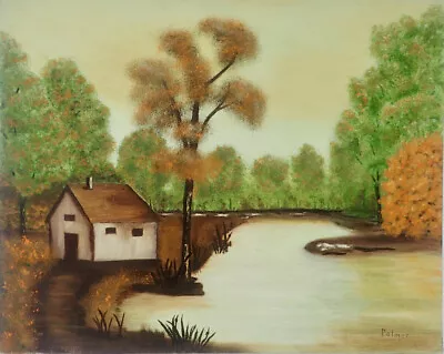 E. Palmer Vintage Painting On Canvas Board Landscape W/ River Cottage 16x20 • $23.61