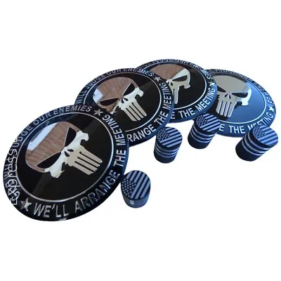 4pcs SKULL Wheel Cap Hub Sticker Decals +1pc Flag Tire Valve Stem Caps • $14.17