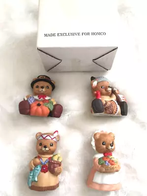 Box Set Of 4 Homco Vintage Thanksgiving Pumpkin Bears Pilgrim 1413 Figurines NIB • $19.99