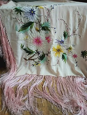 Piano Scarf Silk Shawl Pink Embroidered Floral 60x60 Vtg 13  Fringe Spanish READ • $200