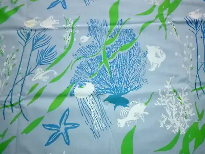 Vtg Florida Hand Print Fabric Ocean Life Fish Coral Jellyfish BLUE 43.5 X3 Yds • $99
