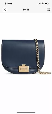 NEW $1689 Victoria Beckham Half Moon Crescent Box Leather Bag Gold Chain Navy • $499